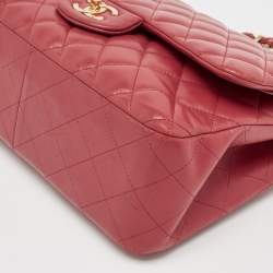 Pre Owned Chanel Red Quilted Lambskin Leather Jumbo Classic Double Flap Bag