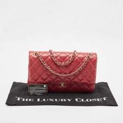 Pre Owned Chanel Red Quilted Lambskin Leather Jumbo Classic Double Flap Bag