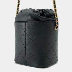 Pre Owned Chanel Matelasse Drawstring Bag Bucket Chain shoulder Bag Black Grained Lambskin