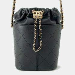 Pre Owned Chanel Matelasse Drawstring Bag Bucket Chain shoulder Bag Black Grained Lambskin