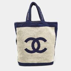 Chanel Navy Blue/Off White Terry Cotton CC Beach Tote