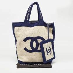 Chanel Navy Blue/Off White Terry Cotton CC Beach Tote