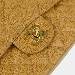 Pre Owned Chanel Beige Caviar Leather Medium Classic Double Flap Shoulder Bag