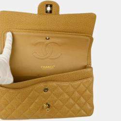 Pre Owned Chanel Beige Caviar Leather Medium Classic Double Flap Shoulder Bag