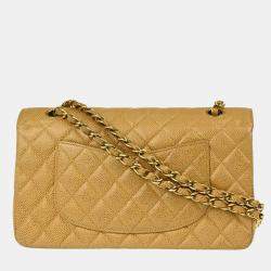 Pre Owned Chanel Beige Caviar Leather Medium Classic Double Flap Shoulder Bag