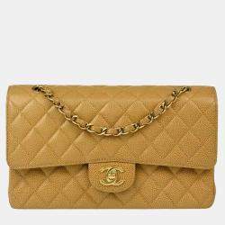 Pre Owned Chanel Beige Caviar Leather Medium Classic Double Flap Shoulder Bag