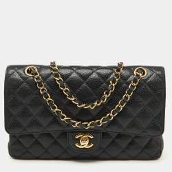 Pre Owned Chanel Black Caviar Quilted Leather Medium Classic Double Flap Bag