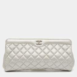 Pre Owned Chanel Silver Quilted Caviar Leather CC Frame Clutch