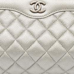 Pre Owned Chanel Silver Quilted Caviar Leather CC Frame Clutch
