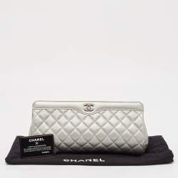 Pre Owned Chanel Silver Quilted Caviar Leather CC Frame Clutch