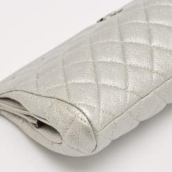 Pre Owned Chanel Silver Quilted Caviar Leather CC Frame Clutch
