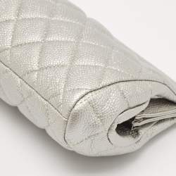 Pre Owned Chanel Silver Quilted Caviar Leather CC Frame Clutch