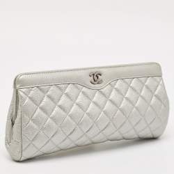 Pre Owned Chanel Silver Quilted Caviar Leather CC Frame Clutch