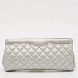 Pre Owned Chanel Silver Quilted Caviar Leather CC Frame Clutch