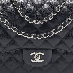 Pre Owned Chanel Black Quilted Caviar Leather Jumbo Classic Double Flap Bag