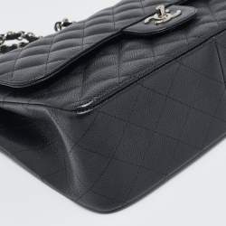 Pre Owned Chanel Black Quilted Caviar Leather Jumbo Classic Double Flap Bag