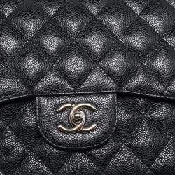 Pre Owned Chanel Black Quilted Caviar Leather Jumbo Classic Double Flap Bag