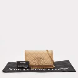 Pre Owned Chanel Beige Quilted Caviar Leather Filigree Wallet on Chain