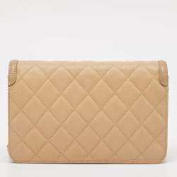 Pre Owned Chanel Beige Quilted Caviar Leather Filigree Wallet on Chain
