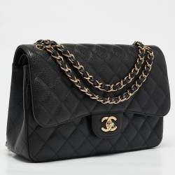 Pre Owned Chanel Black Quilted Caviar Leather Jumbo Classic Double Flap Bag