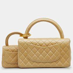 Pre Owned Chanel Beige Lambskin Parent Child Kelly Set Top Handle Bag