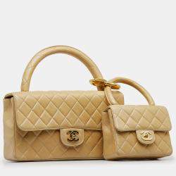 Pre Owned Chanel Beige Lambskin Parent Child Kelly Set Top Handle Bag