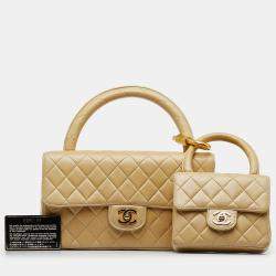 Pre Owned Chanel Beige Lambskin Parent Child Kelly Set Top Handle Bag