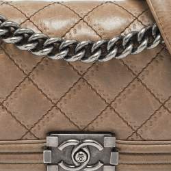 Pre Owned Chanel Beige Double Stitch Quilted Leather Small Boy Flap Bag