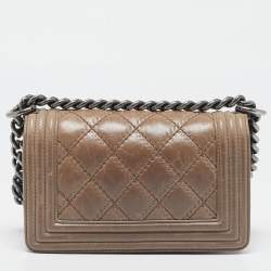 Pre Owned Chanel Beige Double Stitch Quilted Leather Small Boy Flap Bag