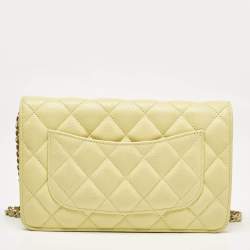 Pre Owned Chanel Yellow Quilted Caviar Leather Classic Wallet on Chain