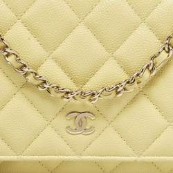 Pre Owned Chanel Yellow Quilted Caviar Leather Classic Wallet on Chain