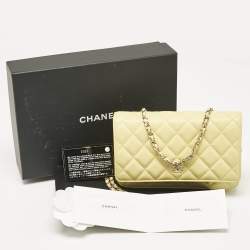 Pre Owned Chanel Yellow Quilted Caviar Leather Classic Wallet on Chain