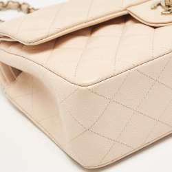 Pre Owned Chanel Beige Quilted Cavair Leather Small Classic Double Flap Bag