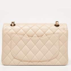 Pre Owned Chanel Beige Quilted Cavair Leather Small Classic Double Flap Bag