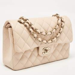 Pre Owned Chanel Beige Quilted Cavair Leather Small Classic Double Flap Bag