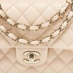 Pre Owned Chanel Beige Quilted Cavair Leather Small Classic Double Flap Bag