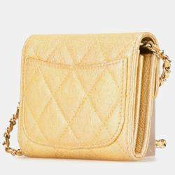Chanel Gold Caviar Leather Quilted Iridescent Flap Card Holder on Chain