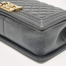 Chanel Metallic Grey Quilted Leather Medium Boy Flap Bag