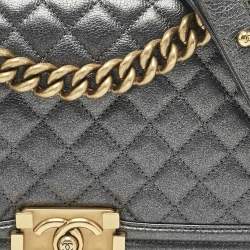 Chanel Metallic Grey Quilted Leather Medium Boy Flap Bag