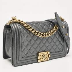 Chanel Metallic Grey Quilted Leather Medium Boy Flap Bag