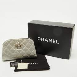 Chanel Grey Quilted Satin Leo Lion CC Pearl Clutch