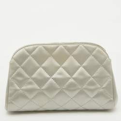 Chanel Grey Quilted Satin Leo Lion CC Pearl Clutch