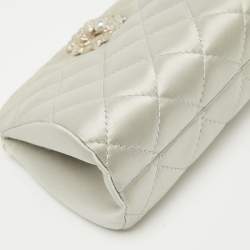 Chanel Grey Quilted Satin Leo Lion CC Pearl Clutch