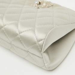 Chanel Grey Quilted Satin Leo Lion CC Pearl Clutch