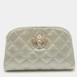 Chanel Grey Quilted Satin Leo Lion CC Pearl Clutch