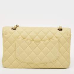 Pre Owned Chanel Yellow Caviar Quilted Leather Medium Classic Double Flap Bag