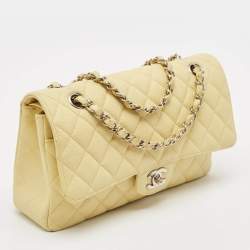 Pre Owned Chanel Yellow Caviar Quilted Leather Medium Classic Double Flap Bag