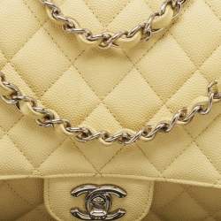Pre Owned Chanel Yellow Caviar Quilted Leather Medium Classic Double Flap Bag