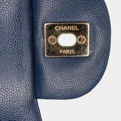 Pre Owned Chanel Blue Caviar Leather Jumbo Classic Double Flap Shoulder Bag