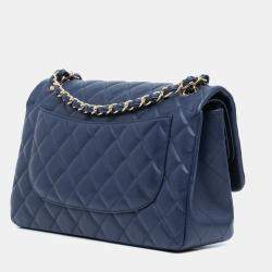 Pre Owned Chanel Blue Caviar Leather Jumbo Classic Double Flap Shoulder Bag